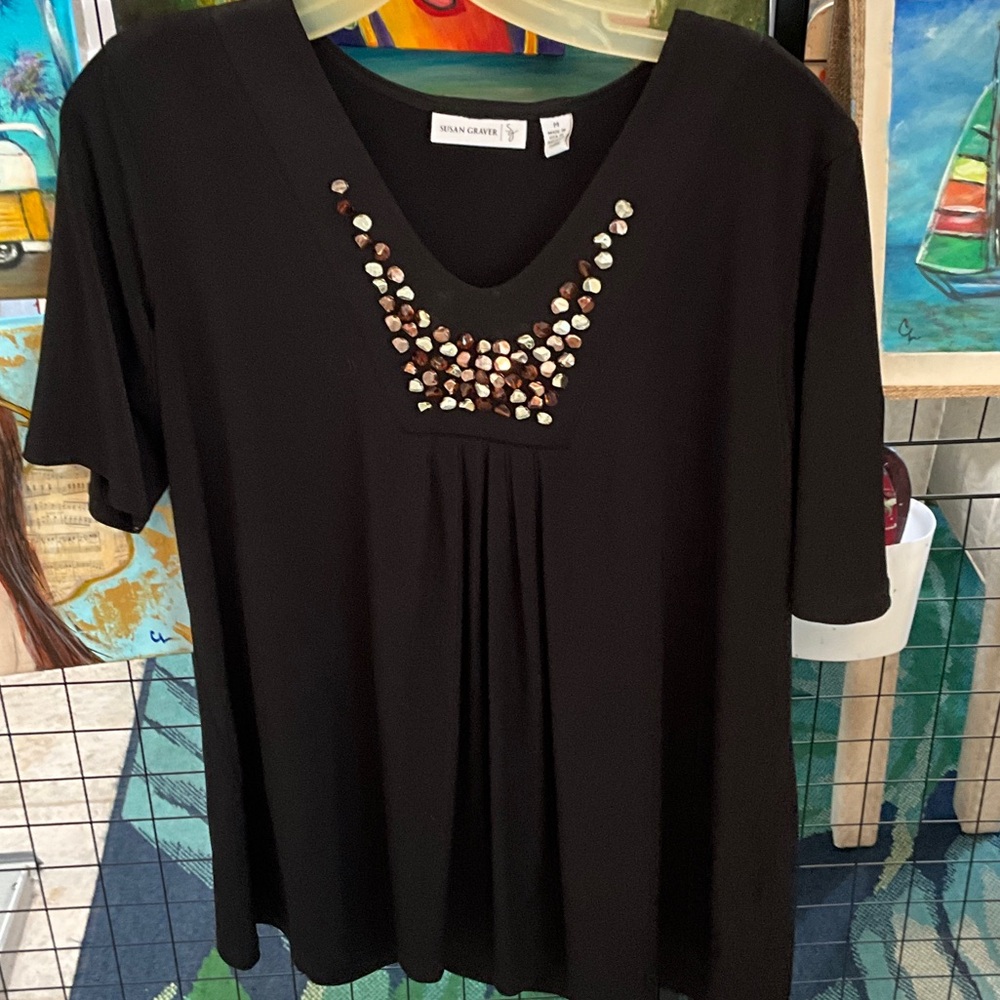 Susan Graver Black Top with Embellished Neckline